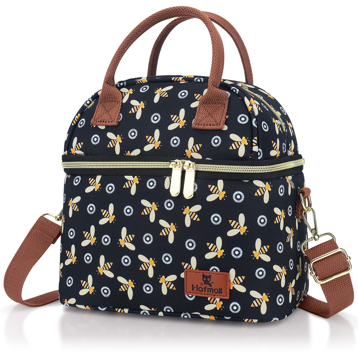 Hafmall Insulated Lunch Bag for Women Men, 9L Dual Compartment Lunch Cool Bag for Work School, Adult Lunch Bag with Shoulder Straps, Bee — image 1