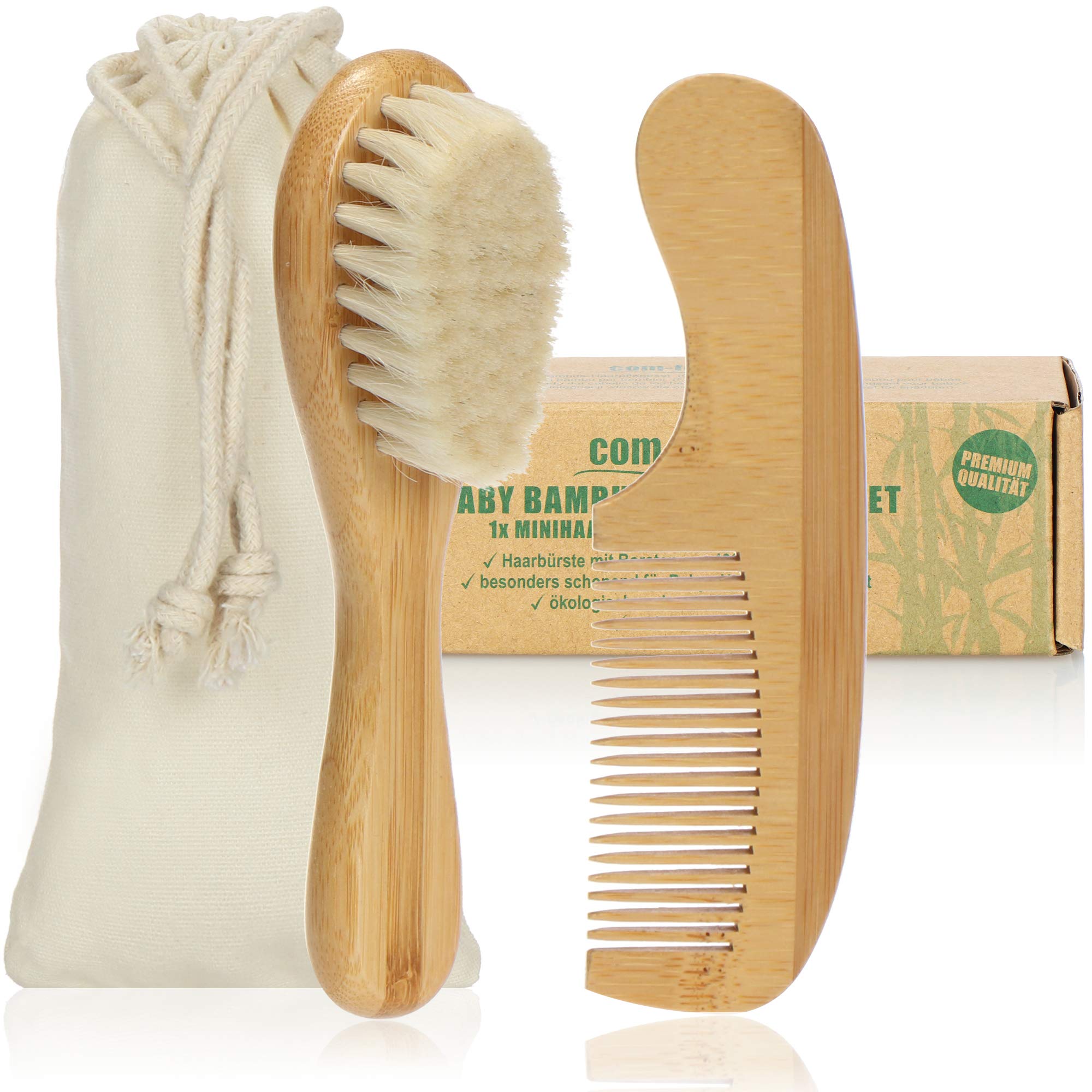 com-four® Baby brush and baby comb from 0 months for newborns and toddlers - Baby hair brush made of bamboo with soft sheep's wool (Comb + hairbrush - sheep)