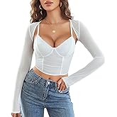 Avidlove Mesh Crop Top with Shrug Long Sleeve Sheer Top Sexy Low Cut Shirt Going Out 2 Pieces Clubwear
