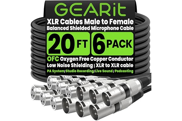 GEARit XLR Cables 20 ft 6 Pack, XLR Male to Female Microphone Cable, Balanced Shielded Mic Cable with Copper Conductors for R
