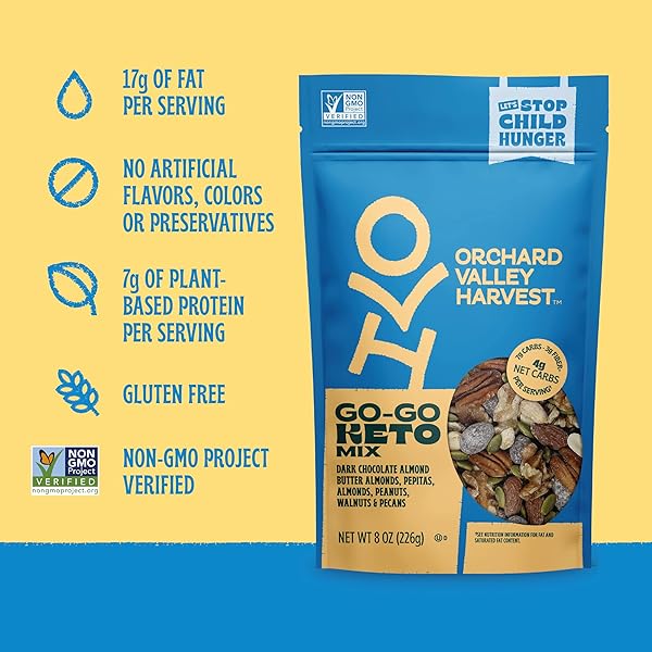 ORCHARD VALLEY HARVEST GO GO KETO MIX, 8 OZ (PACK OF 1), DARK CHOCOLATE ALMOND BUTTER ALMONDS, PEPITAS, ALMONDS, PEANUTS, WALNUTS AND PECANS. LOW CARB, GLUTEN FREE, NON GMO, ON THE GO SNACK FOR THE