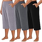 Neer 3 Pack Women's Plus Size Capri Pants, Wide Legs Elastic Waist Capris with Pockets Lounge Loose Sweatpants