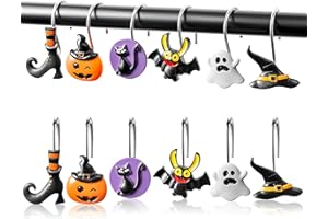 MALLMALL6 12Pcs Halloween Shower Curtain Hooks Hangers Horror Gothic Decorative Metal Rustproof Bathroom Pendants Decor Accessories with Pumpkins Bats Ghost Black Cat Witch Hat Shoes Curtains Rings