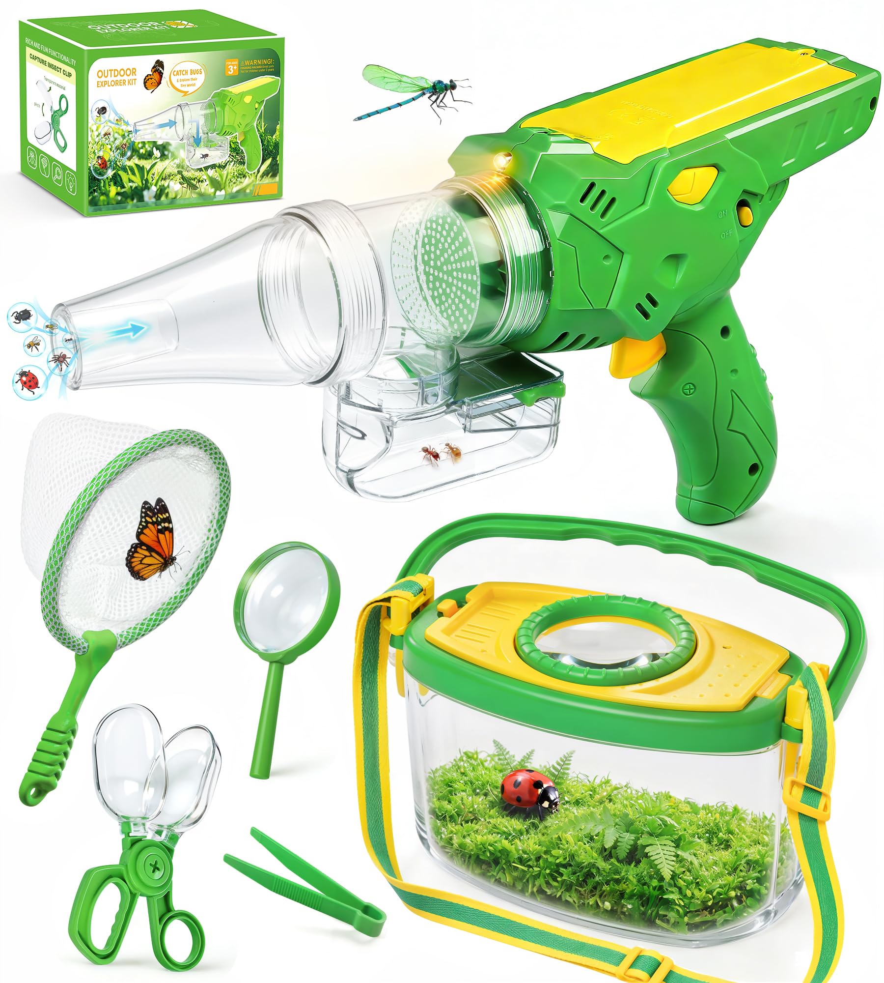 HAIMST Bug Catcher for Kids, Bug Vacuum Catching Kit with Bug Collector Butterfly Net Magnifying Glass Bugs Grabber Insect Catcher Tweezers, Outdoor Explorer Toys Gift for Kids Age 3-12