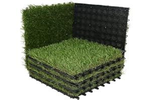 XLX TURF Artificial Grass Turf Tiles Interlocking Set 6 Pieces, Square Fake Grass Tiles Self-draining for Pet Indoor/Outdoor Flooring Decor, 12"x12", 8 Buckle Systerm
