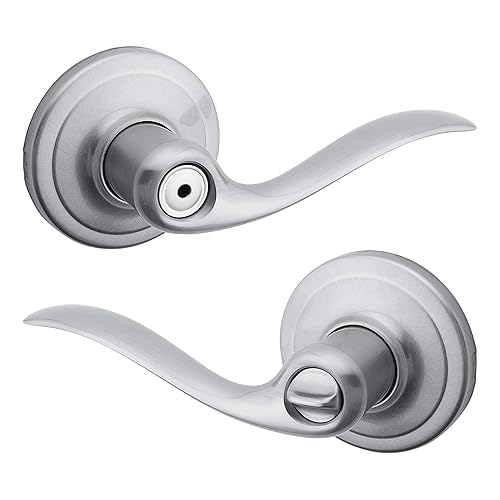 Kwikset Tustin Interior Privacy Door Handle with Lock, Door Lever For Bathroom and Bedroom, Satin Chrome Reversible Keyless Turn Lock