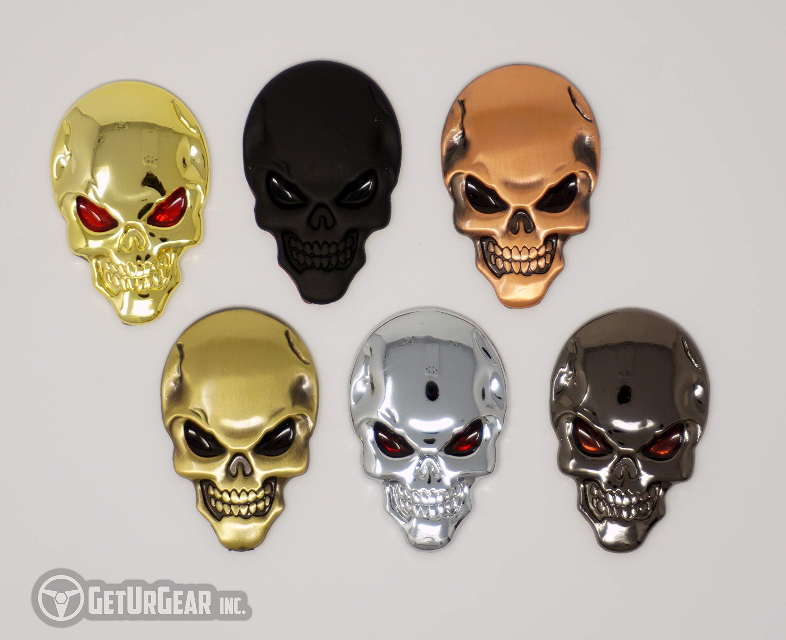 GetUrGear 2x 3D Skull Emblem Metal Car Decal Motorcycle Badge Set (Chrome)