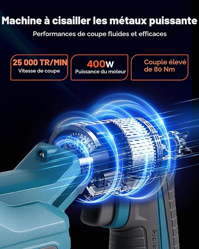 Cisaille à Tôle Électrique, 20 V CC, Cisaille à Métaux sans Fil avec Tête Pivotante 360°, Double Lame, pour Acier Galvanisé 1,22 mm, Acier Inoxydable 1 mm, Aluminium, Plastique, Carton, 2800 SPM