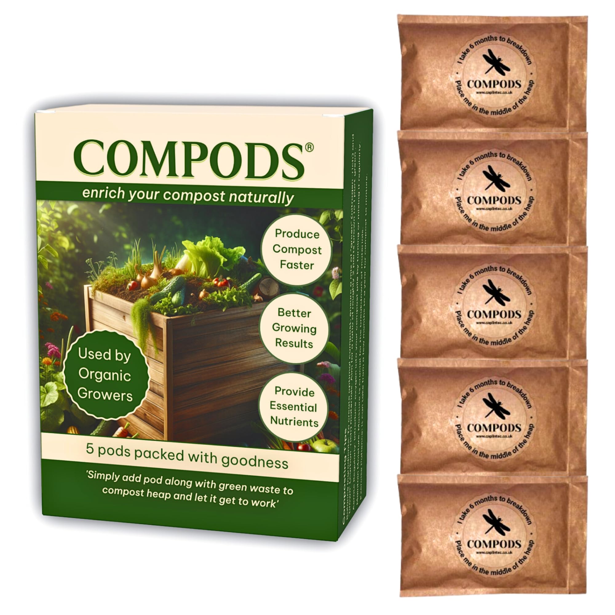ComPods Organic Compost Activator and Accelerator – Multi-Purpose Compost Maker, Starter for Kitchen Bins, Houseplants, Gardens – Speeds Up Composting, Works on 150L Waste, 5 Pods, 150g