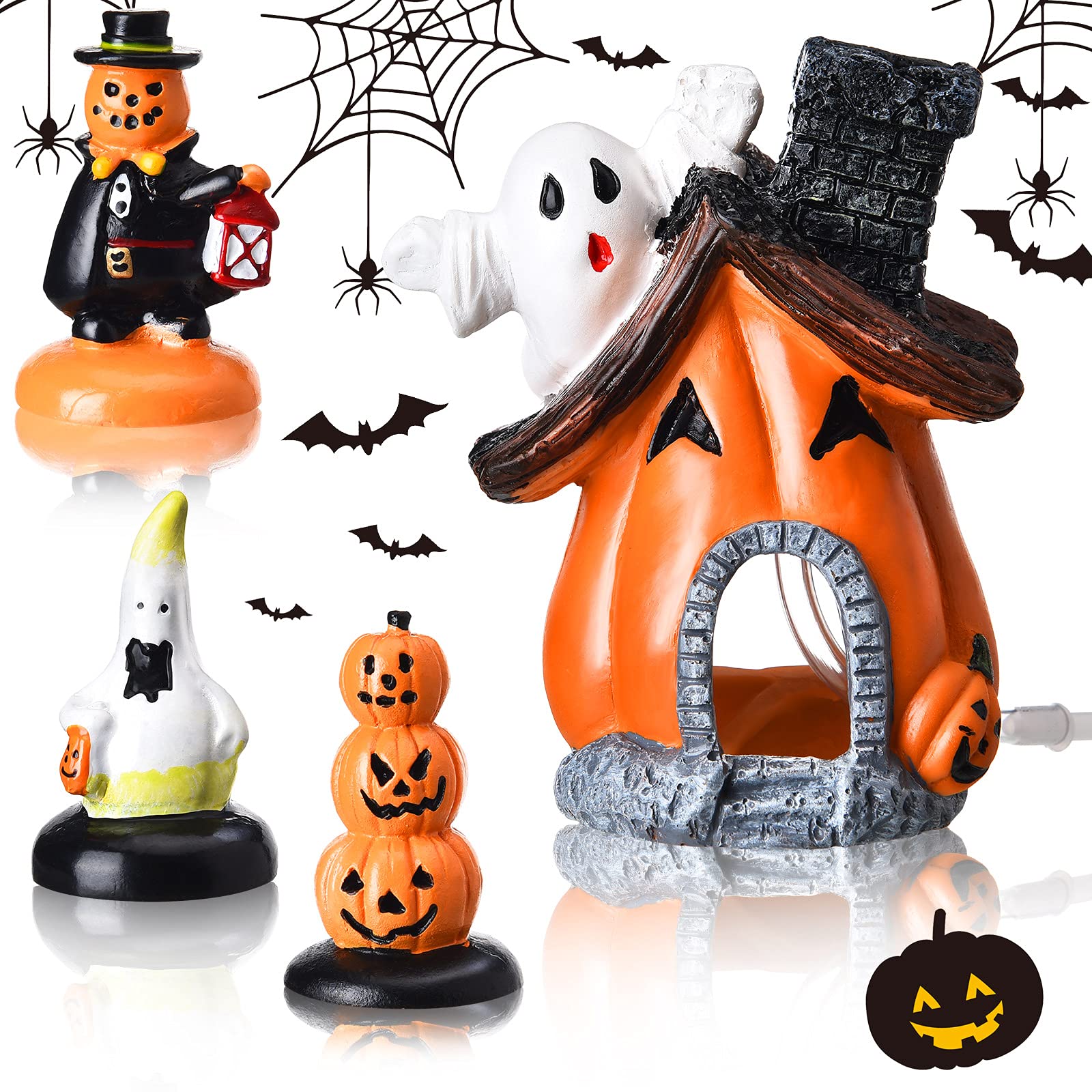 Photo 1 of Blulu 4 Pieces Halloween Decorations for Fish Tank Miniature Figurines Indoor Outdoor Resin Ghost Pumpkin Bubble House Statue Set Summer Halloween Ornament Garden Decor