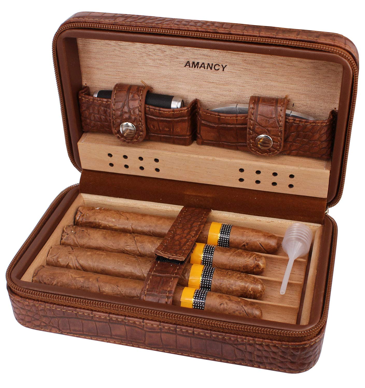 AMANCY Premium Brown Leather Cigar Travel Case Humidor W/Cutter Lighter