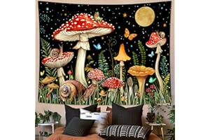 Zussun Red Mushroom Tapestry Moon Star Tapestries for Bedroom Aesthetic Starry Night Green Plant Tapastrys Wall Hanging Butterfly Snail Frog Wall Tapestry for Living Room Dorm (Black, 90" x 68")
