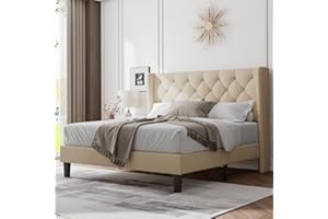 Feonase Queen Size Bed Frame with Diamond Tufted Wingback Headboard, Morden Upholstered Platform Bed, Sturdy Wooden Slats Support, Noise-Free, No Box Spring Needed, Easy Assembly, Beige