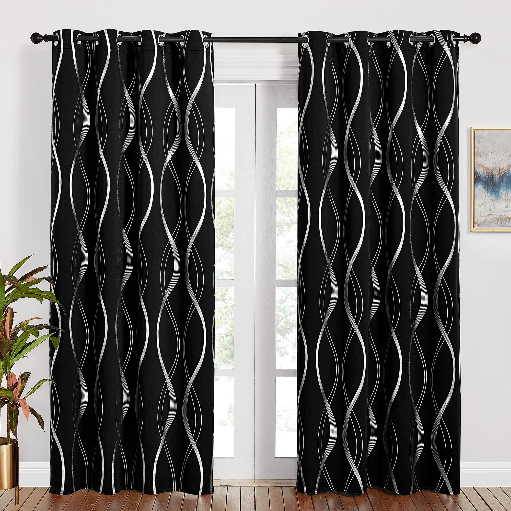 PONY DANCE Thermal Door Curtains Blackout - Foil Decorative Black Curtains Silver Wave Line Printed, 52 Inch Wide x 84 Inch Drop, Black out Soundproof Curtains for Living Room/Bedroom, 2 Panels
