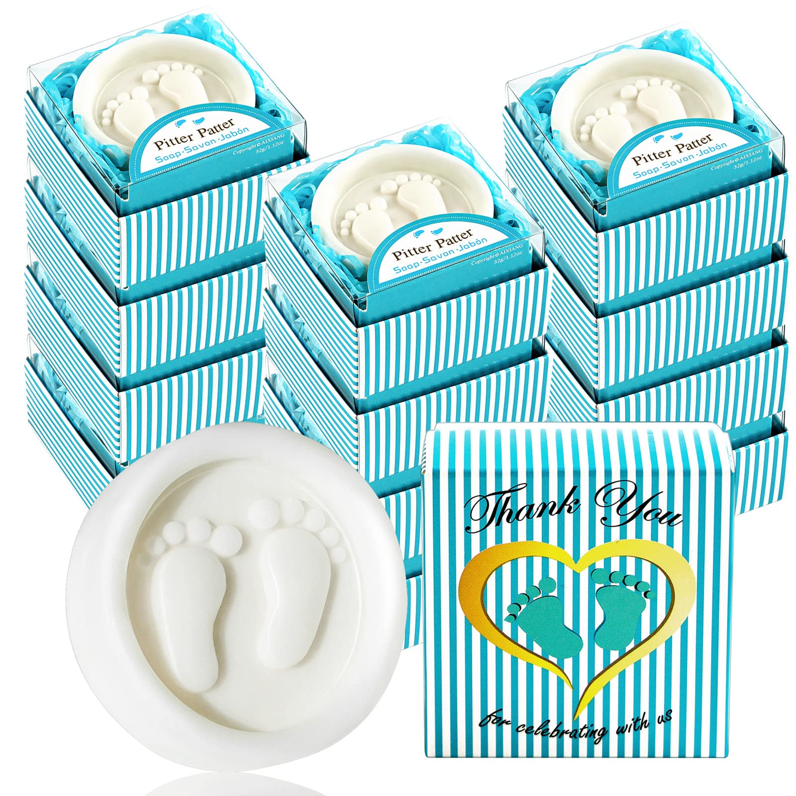 AIXIANG Handmade Blue Pitter Patter Gift Boxed Little Baby-feet Soap Favors for Baby Boy Baby Shower Favors and Decorations (12 Pack)