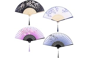 Aneco 4 Pieces Folding Fans, Silk Fabric, Hand Holding Fans, Retro Style, Color D, Foldable, 8.3 Inches (Closed), 15 Inches (Open), Perfect for Party, Wedding, Gifts, Wall Decoration
