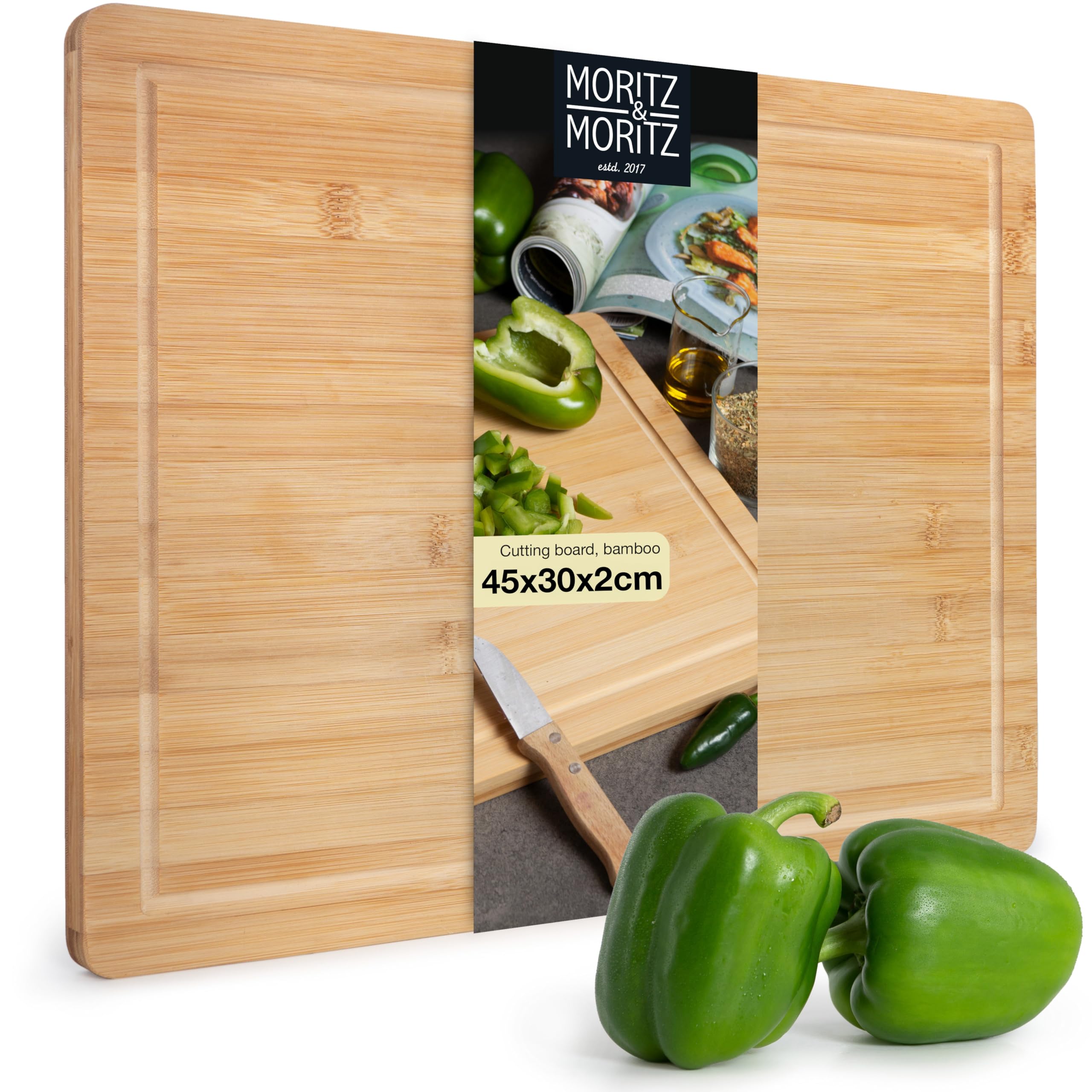 Moritz & Moritz Bamboo Chopping Board Large - 45 x 30 x 2 cm - Wooden Chopping Board with Juice Groove - Wooden Cutting Board for Cutting, Dressing and Serving