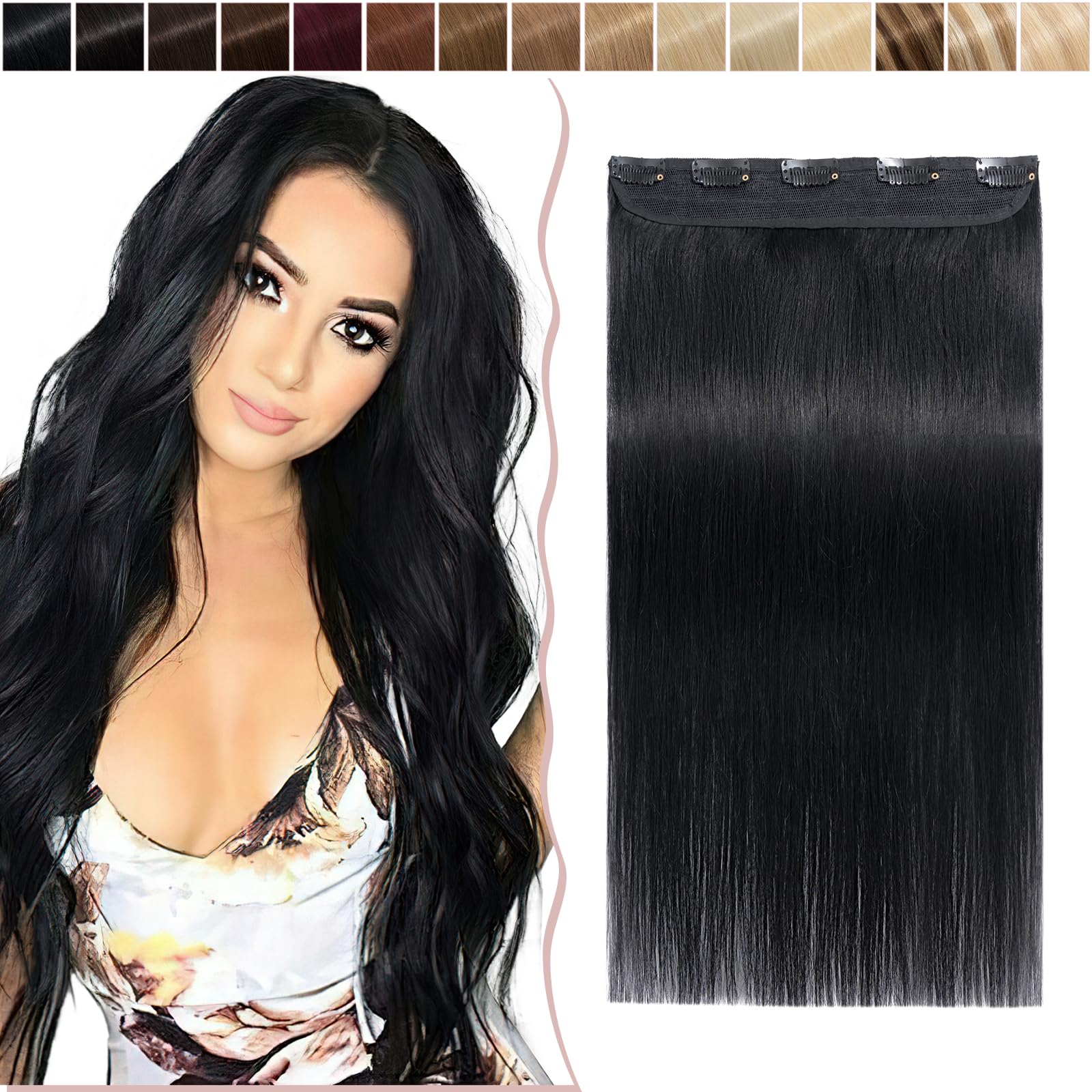 16 inches SEGO One Piece Clip in Remy Real Hair Extensions Human Hair [#1 Jet Black] Hairpieces for Women 3/4 Full Head Straight (45g)