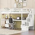SOFTSEA Twin Size Loft Bed with Desk and Storage Stairs, Wood Loft Bed with Desk & 4 Drawers, High Loft Bed Frame with Storage Staircase for Kids Teens Adults, White