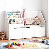 Teckid White Kids Bookshelf and Toy Storage with Reading Nook, Cushioned Bench, 3 Movable Drawers and Hidden Wheels for Playroom and Bedroom