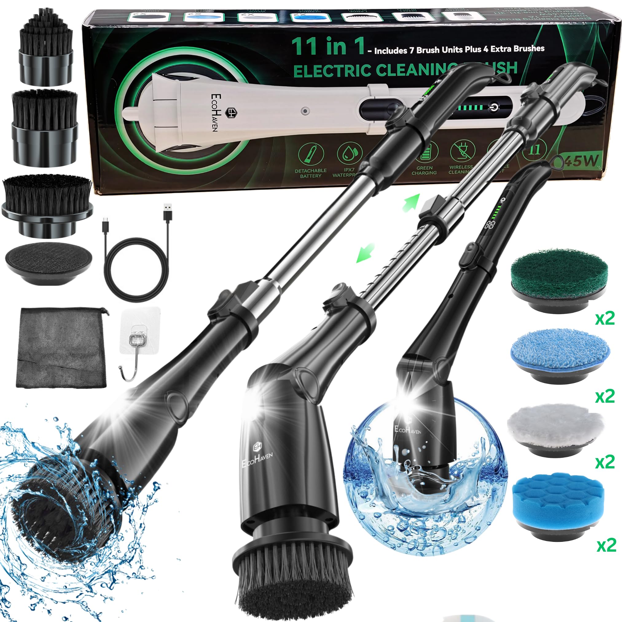 Photo 1 of **MISSING AN ITEM****Electric Spin Scrubber for Bathroom – Cordless Shower Scrubber with 3 Adjustable Speeds, Long Handle, 11 Replaceable Brush Heads – Tile, Grout, Tub & Floor Cleaner