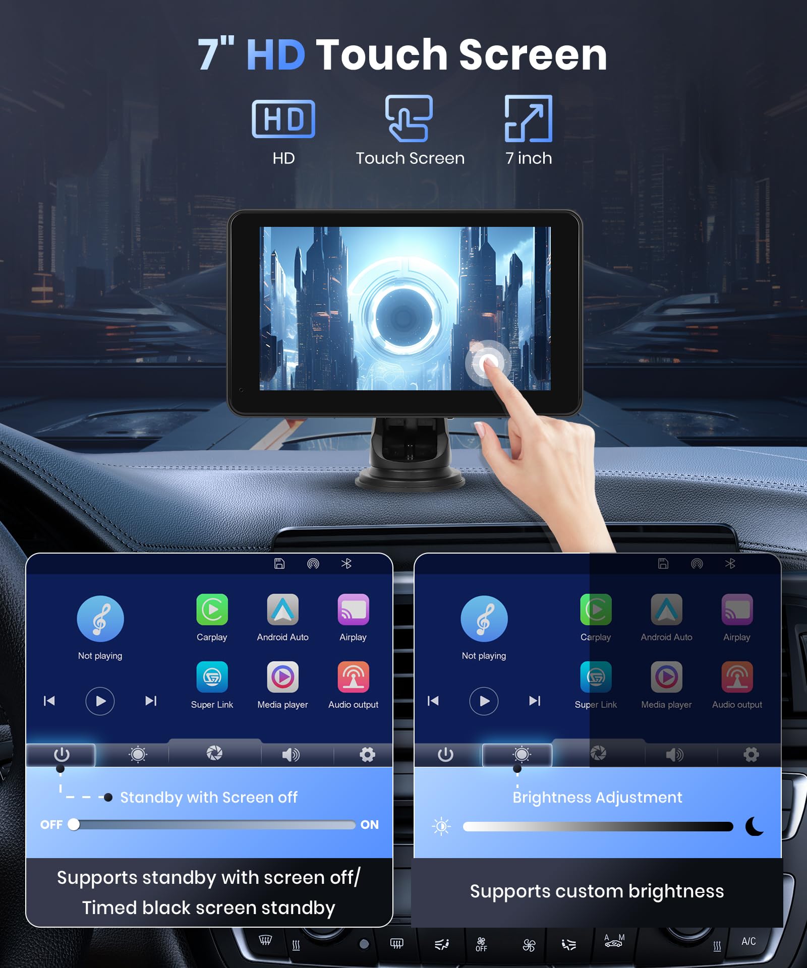 podofo Wireless Carplay Screen for Car,7inch 1080P HD IPS Touch Screen Portable Car Radio Audio Receivers, Wireless Android Auto Screen 2 Mount/2 Bluetooth/MirrorLink/GPS/Voice Control/AUX/FM Transmit