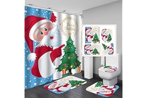 BABOIES Merry Christmas Shower Curtain Sets for Bathroom, 4Pcs Xmas Shower Curtain/Non-Slip Bathroom Rugs/Lid Toilet Cover/Bath Mat, Funny Santa Claus Elk Snowman Bell Car Carpet Decor (Happy Santa)