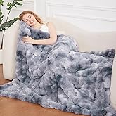 Comelady Faux Rabbit Fur Throw Blanket for Couch,Soft Fluffy Thick Bubble Blanket for Bed Sofa Room Decor-Lightweight Cozy Fuzzy Blanket Gifts for Women Men,Tie-dye Grey Blue,50"×60"