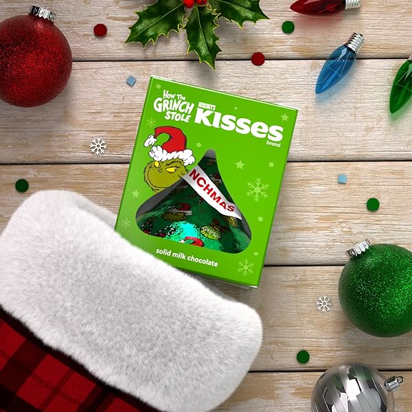 HERSHEY’S SOLID MILK CHOCOLATE KISS WITH GRINCH FOIL, SMALL CHRISTMAS STOCKING STUFFER, 1.45 OZ.