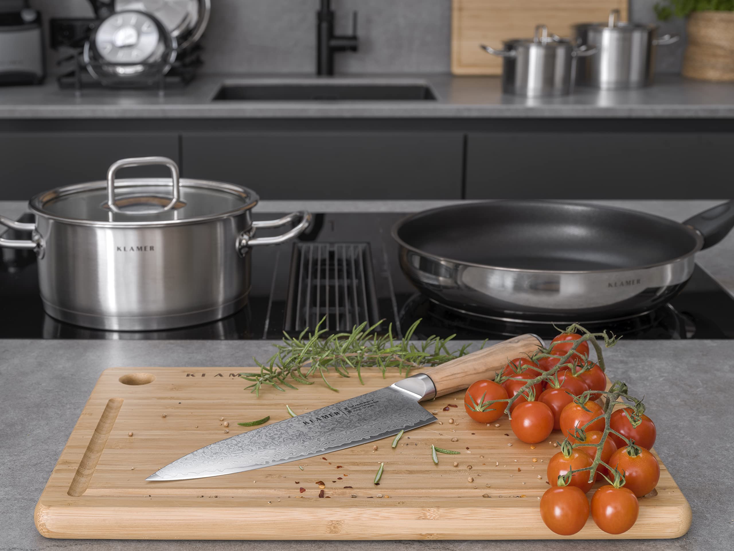 KLAMER Damast Chefmesser 20cm, extra scharfes Küchenmesser, echter japanischer Damaststahl, Fleischmesser 6