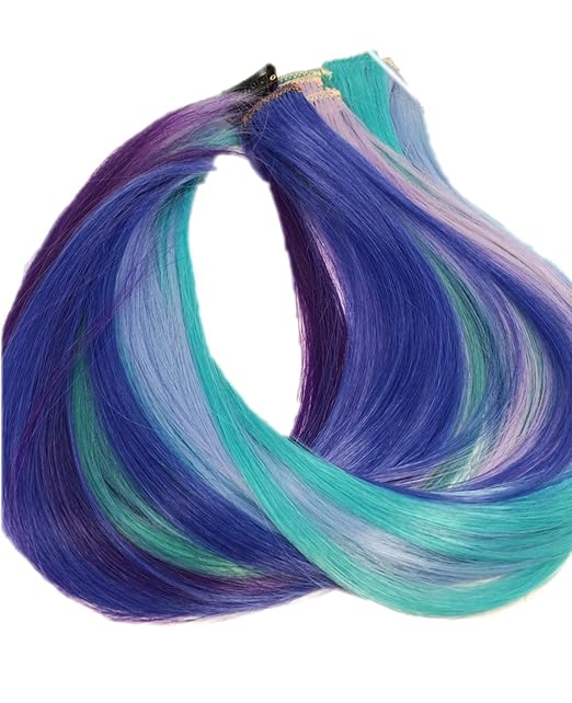 Prettyland - GHW08 bunte Strähnen multifarbig Extension Set 12-teilig Haarteil Clip-In glatt - Lila Blau Grün Set 2