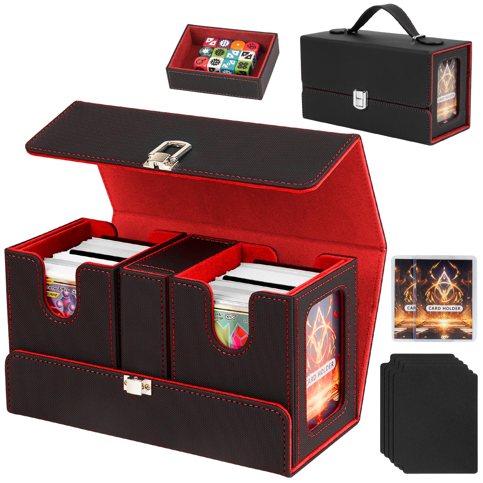 Jaffzora 3-in-1 Commander Deck Box for MTG/TCG – Holds 200+ Double-Sleeved Cards (2 Deck Boxes + Dice Tray), Dual Display Windows, Magnetic PU Leather Storage Case, Black&Red
