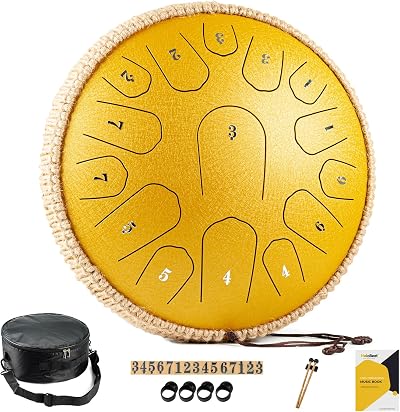 MeloBeat 13 Inch 15 Notes Steel Tongue Drum D Major Yellow with Bag