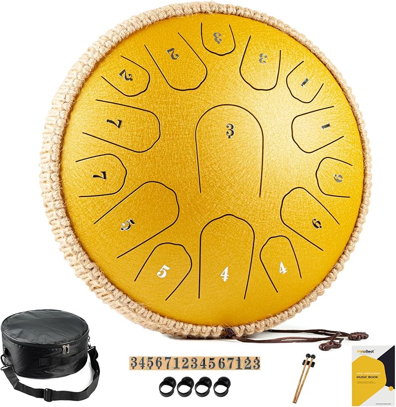 MeloBeat 13 Inch 15 Notes Steel Tongue Drum D Major Yellow with Bag