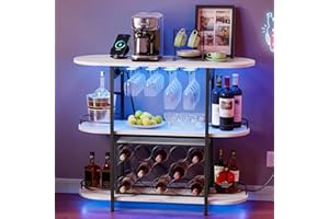 VASAGLE Bar Cabinets for Home, LED Coffee Bar with Power Outlets, Home Mini Bar for Liquor, Freestanding Wine Rack with Glass Holder, Kitchen, Dining Room, Rustic White ULWR007W01