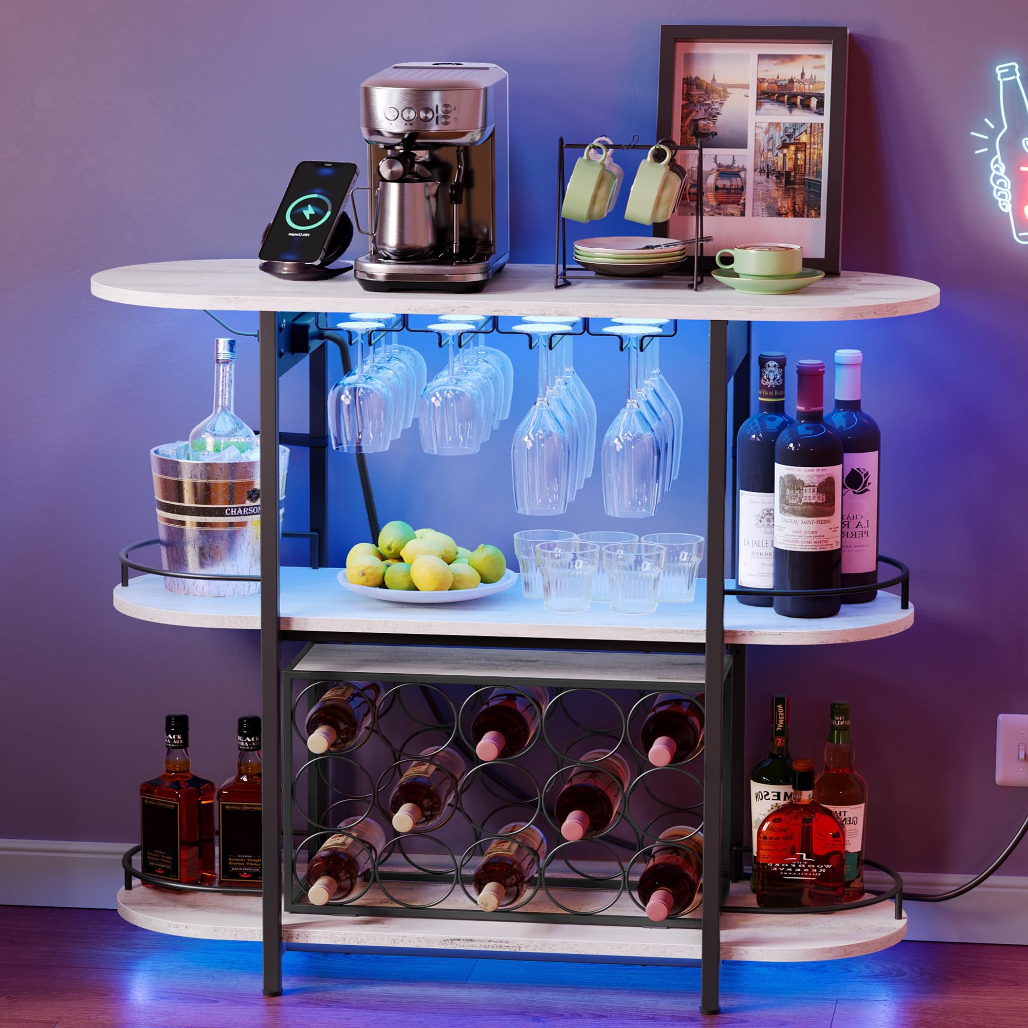 VASAGLE Bar Cabinets for Home, LED Coffee Bar with Power Outlets, Home Mini Bar for Liquor, Freestanding Wine Rack with Glass Holder, Kitchen, Dining Room, Rustic White ULWR007W01