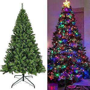 Juegoal Artificial Christmas Tree with LED String Lights (NOT Pre-Strung) 8 Lighting Modes Fake Xmas Tree with Durable Metal Legs (6 FT)