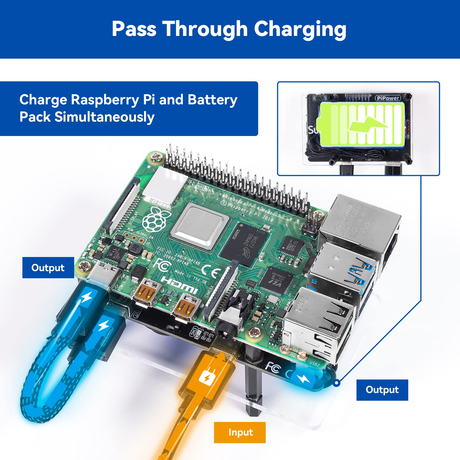 SunFounder PiPower 5 5V/5A UPS HAT-voeding voor Raspberry Pi 5/4B/3B