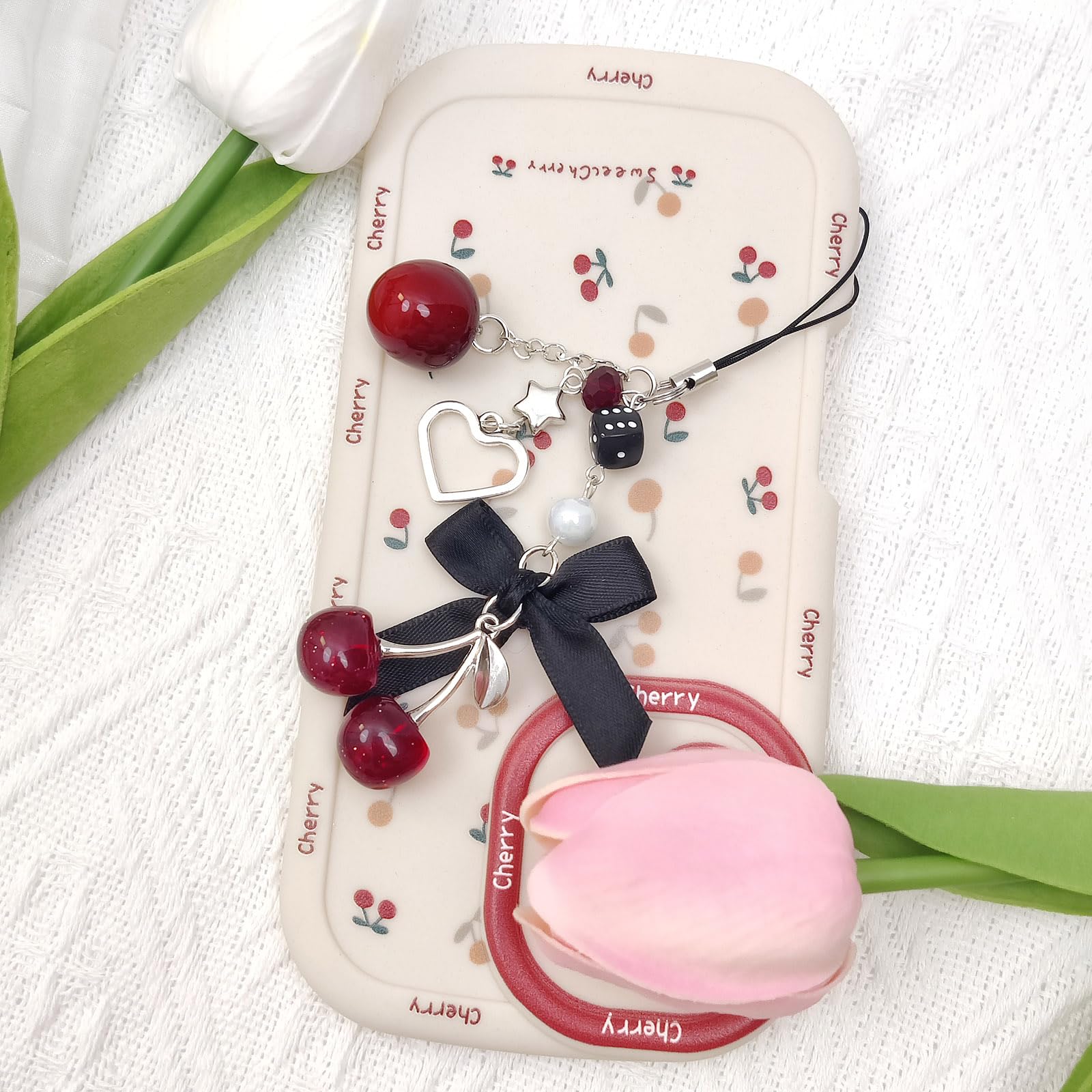 Phone Charms Strap Cute Cherry CellPhone Straps Aesthetic Pink Red Black BlueCherry Phone Chain for Camera Keychain Bag Pendant Decor Gift