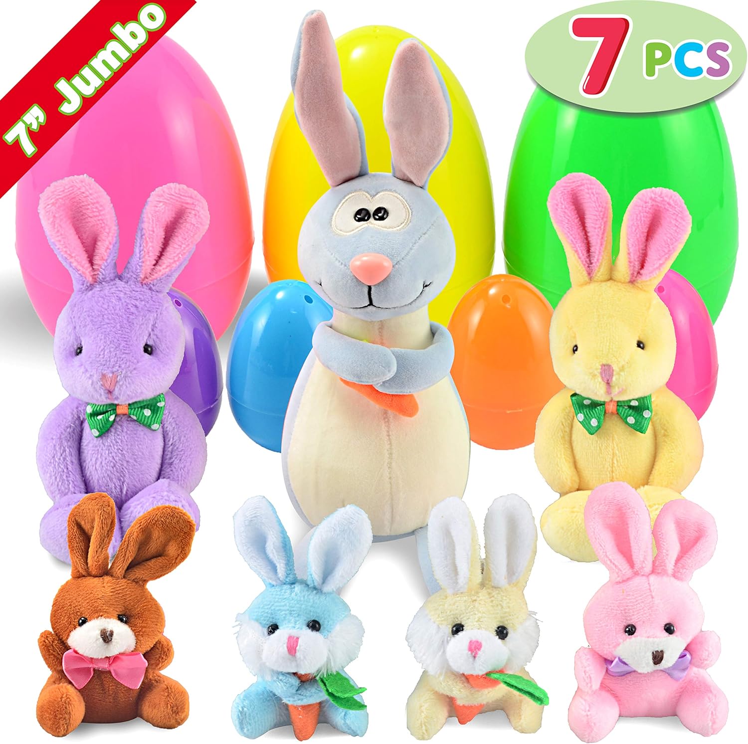 PreFilled Easter Eggs with Plush Bunny, Jumbo 7” Bright