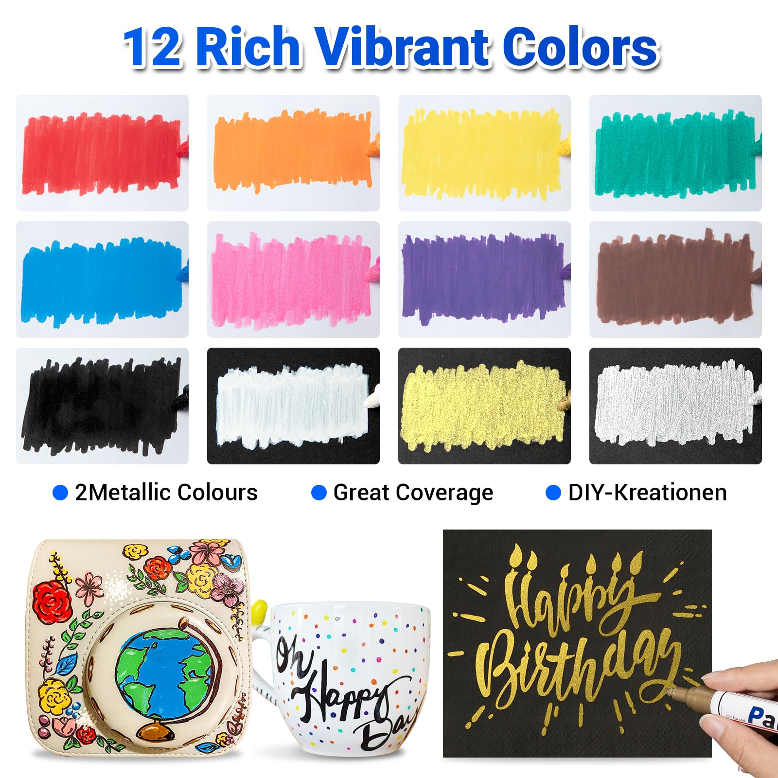 Permanent Marker Wasserfeste Stifte set: 12 Farben zum Steine Bemalen Permanent Marker Bunt Glasstift Lackstifte für Karton, Kunststoff, Holz, Metall,Keramik Tasse,Reifen 3