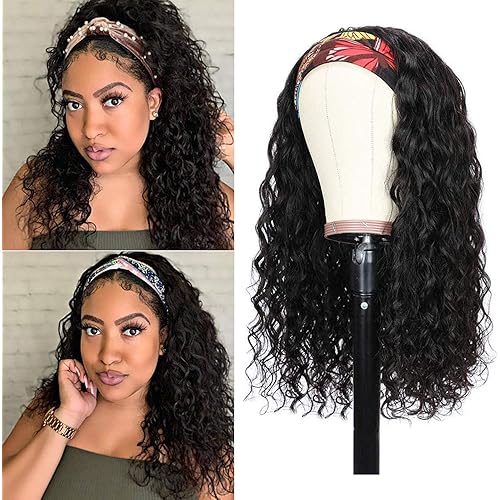 Water Wave Human Hair Headband Wigs For Black Women Non Lace Front Wigs Brazilian Virgin Hair Wet and Wavy Headband Human Hair Wigs Glueless Machine Made Wigs 150% Density 14 Inch