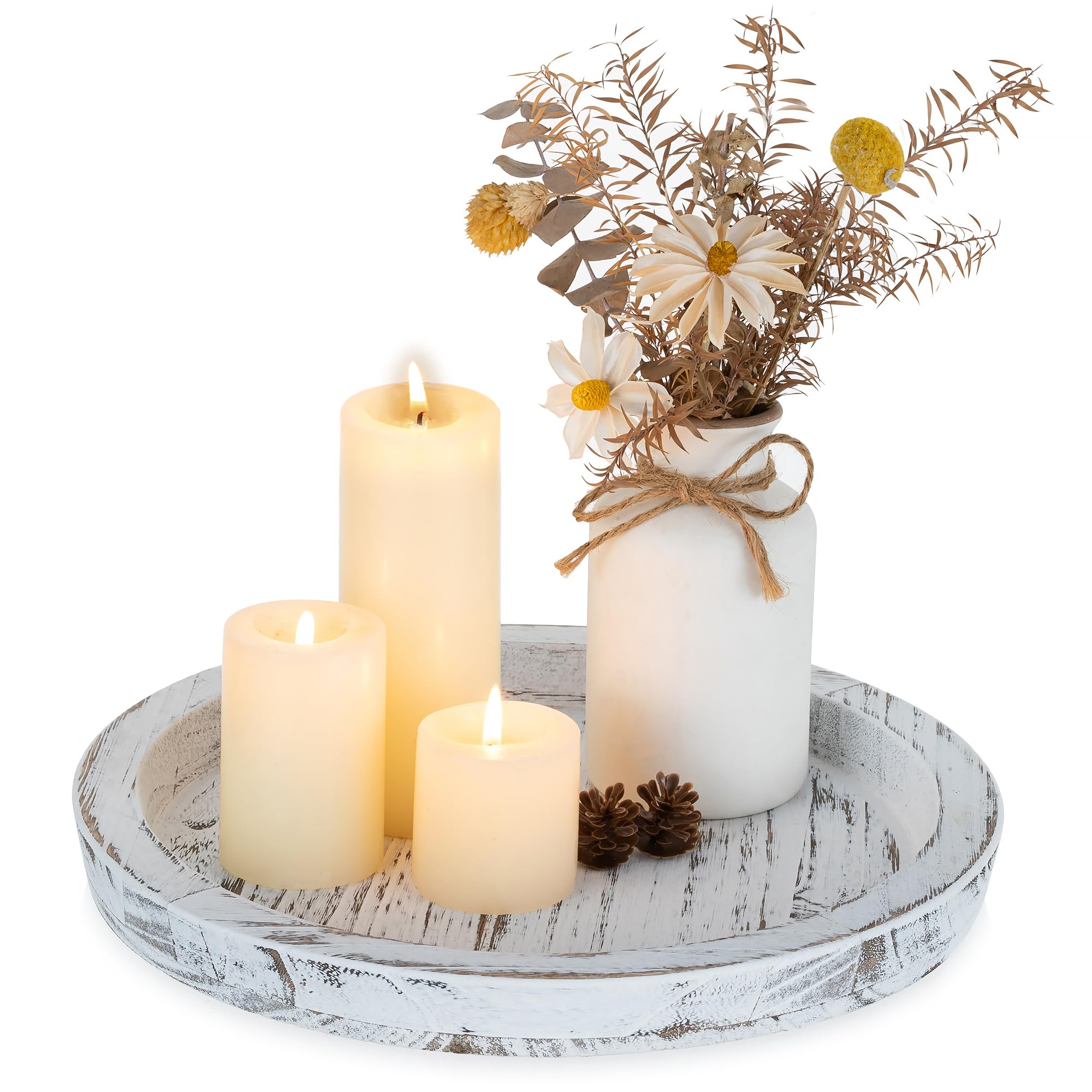 Romadedi Round Wooden Decorative Tray - Wood Serving Table Platters Tray Rustic Candle Plate for Pillar Candles Dining Coffee Table Centerpiece Kitchen Accessories House Home Decor Bathroom,28.5cm