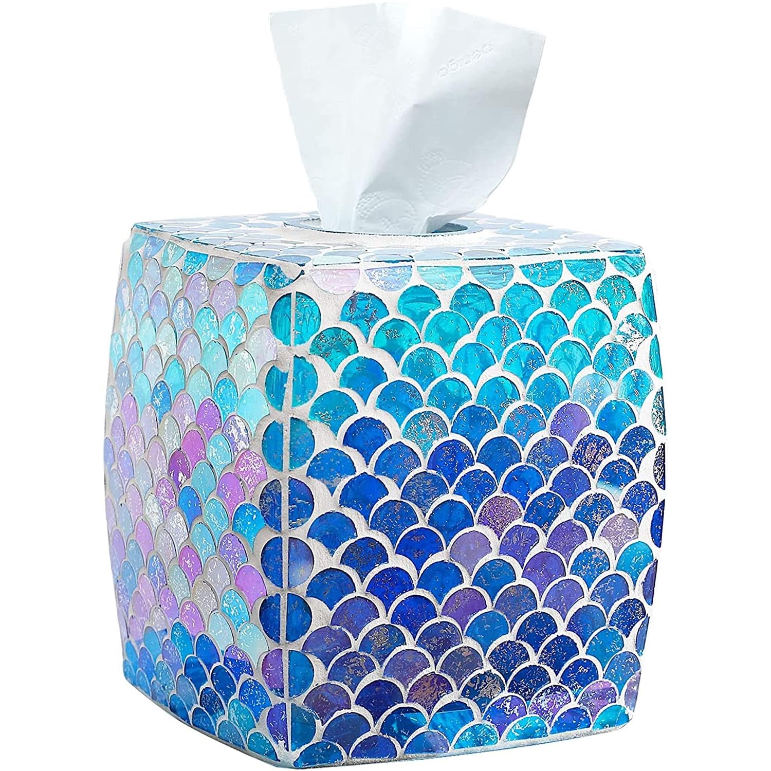Whole Housewares Decorative Mosaic Glass Tissue Holder, Luxury Bathroom Storage Box, Classy Home Decor, Elegant Bedroom Storage, Vanity Tray, Bathroom, Kitchen Storage - Pink & Blue
