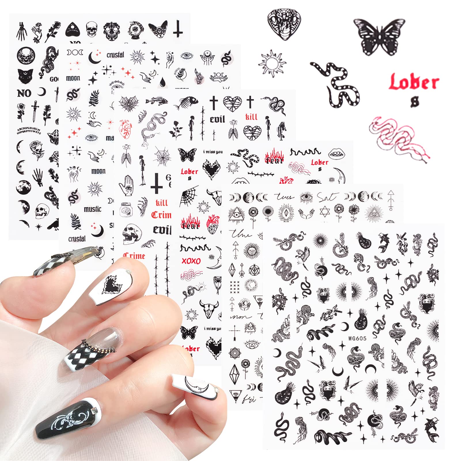 NICENEEDED 6 Sheets Black Punk Style Nail Art Stickers, Snake Skull Gothic Design Decals Self-Adhesive Nail Supplies, Black Mixed Pattern Nail Art Decorations for DIY Acrylic Nails