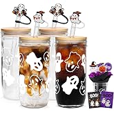 Anotion Ghost Decor 24oz Mason Jar Glass Cups with Lids and Straws - Halloween Tumblers and Coffee Cups - Indoor Decorations