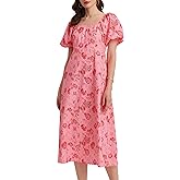 Women Boho Maxi Dresses Puff Sleeve Floral Square Neck Smocked Beach Dresses Pink