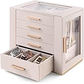 Homeanda Jewelry Box for Women with Glass Lid, 5 Drawers Jewelry Organizer and Storage for Necklaces, Rings, Earrings, Bracelets, Gift for Girls and Teens,PU Leather (Beige)