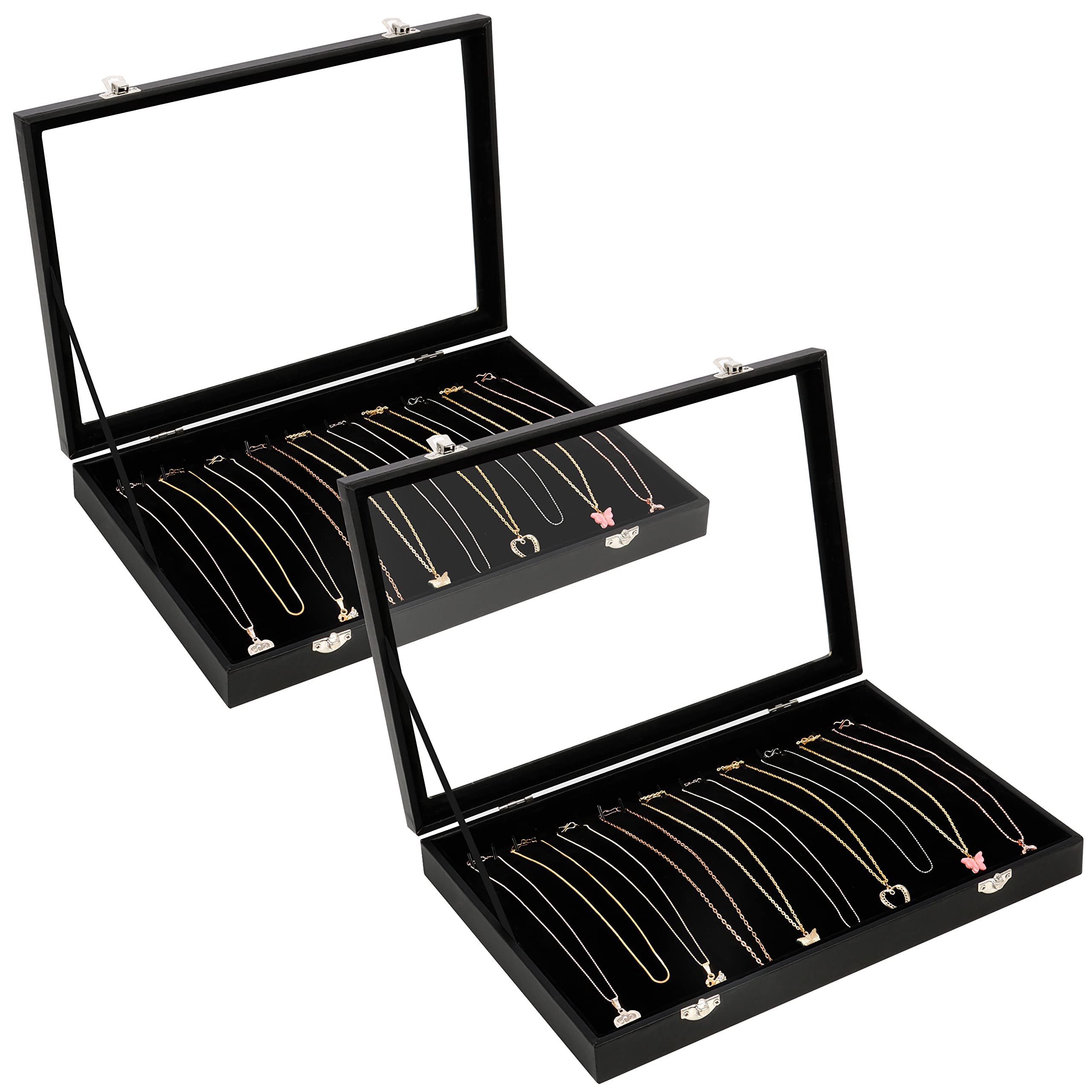 Kurtzy 2 Pack Black Velvet Necklace Jewellery Organise Storage Display Case Box Tray with 20 Hooks and Lockable Glass Lid - Stackable Tray for Drawer - For Necklaces, Bracelets, Earrings and Anklets