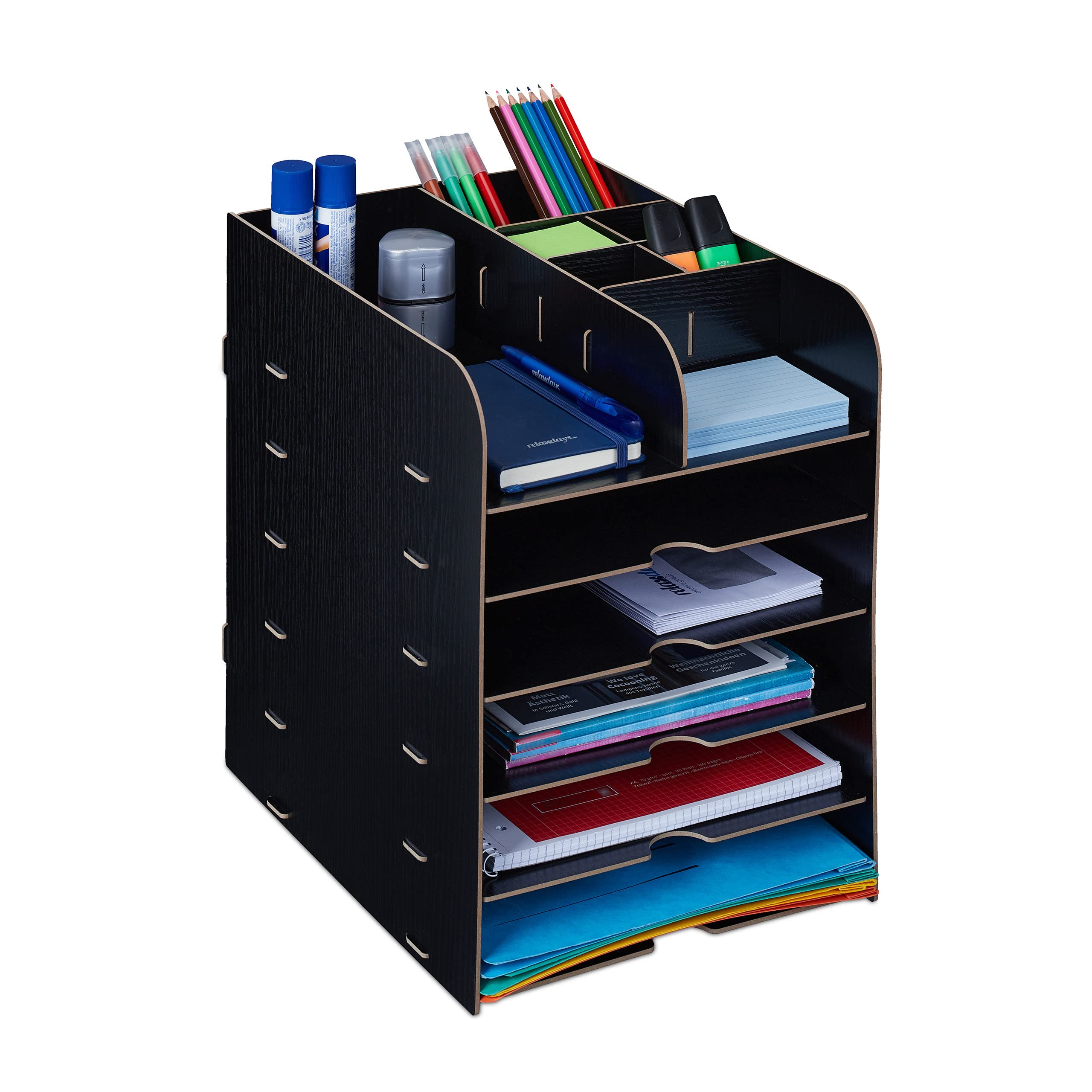 Relaxdays Desk Organiser, 12 Compartments, Letter, Office Document Tray, A4 Format, HWD: 34.5 x 25 x 32 cm, Black, Fibreboard